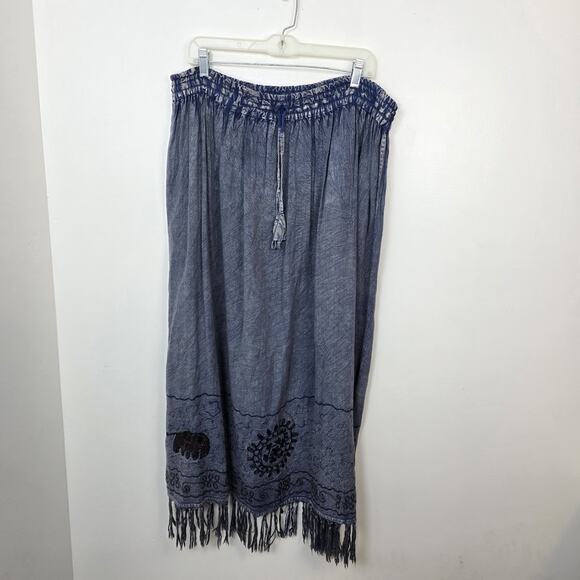 Just Cruising Navy White Embroidered Tassels Festival Boho Maxi Skirt Size 2XL - Picture 2 of 5